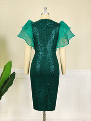 Women Green Dress Sequin Bodycon Party Sheath Sexy Ruffle Sleeve Spring Summer Birthday Celebrity Gowns African Big Size 3XL 4XL