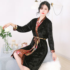 Pajamas nightgown gold velvet printed side long-sleeved suspenders two-piece V-neck se xy home wear