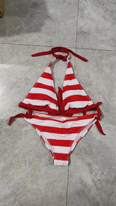 Swimwear European and American Fashion Striped Halter Neck Split Bikini Swimsuit