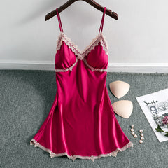 Summer new sexy ice silk suspenders nightdress with chest pad pajamas ladies silk home clothes Korean version girlfriends