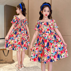 Girls summer floral dress 2023 new medium and large children's Korean version of foreign style summer girl dress trend