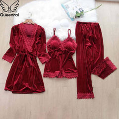 Queenral 3pcs Gold Velvet Pajamas Set For Women Warm Pyjama Lace Pajamas Winter Sleepwear Nightdress Homewear Pijamas