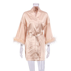 NHKDSASA Bride Dresses Feathers Robe Women Long Sleeves Bathrobe Female Sexy Mini Dress With Belt Patchwork Robes 2022