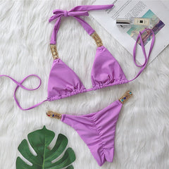 Europe and the United States 2022 new sexy metal accessories rhinestone solid color bikini women's split swimsuit strappy swimsuit wholesale