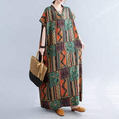 المرأة حجم كبير المرأة الصيف الجديدة القطن والكتان الرجعية الخامس الرقبة القطن والكتان رداء طويل مريح لتغطية اللحوم فستان تنورة طويلة