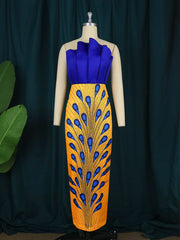 AOMEI Women's Dresses Printed Peacock Patchwork Tube Tops Backless Bodycon Blue Yellow Contrast Color Birthday Night Club Robes