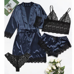 Long Sleeve Womens Pajamas European American Lace Lingerie Nightwear Underwear Set Satin Suspenders Sleepwear Nightgown