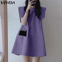 VONDA Elegant Dresses For Women 2022 Solid Color Round Neck Loose A-Line Dresses Bohemian Party Vestidos Casual Summer Plus Size Dresses
