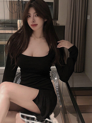 Autumn Split Bodycon Dress Elegant Square Neck Ribbed Black Dress Female Knitted Side Long Sleeve Fashion Mini Dresses Basic