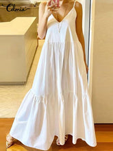 Celmia Elegant Dresses For Women 2022 Vacation V Neck Sleeveless Sundress Pleated A-Line Vestidos Bohemian Party Casual Summer Plus Size Long Dresses