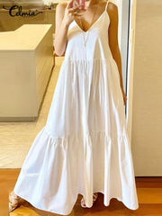 Celmia Elegant Dresses For Women 2022 Vacation V Neck Sleeveless Sundress Pleated A-Line Vestidos Bohemian Party Casual Summer Plus Size Long Dresses