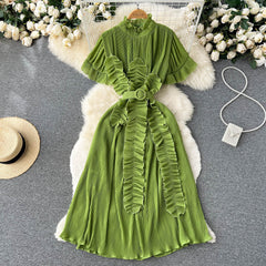 Frosty wind niche design feeling ruffled short-sleeved dress summer female seaside vacation waist beautiful long skirt
