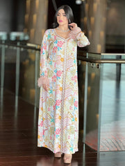 Middle East Fashion Print Dress Arabian Hot Diamonds Traditional Muslim Ladies Jalabiya Feather Decorated Elegant Long Dress Dubai Kuwait