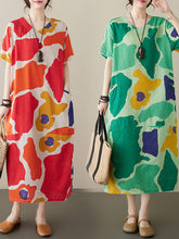 Women's summer new cotton and linen printed short-sleeved dress retro style age-reducing large size pullover V-neck mid-length skirt