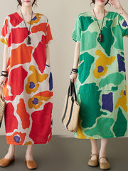 Women's summer new cotton and linen printed short-sleeved dress retro style age-reducing large size pullover V-neck mid-length skirt