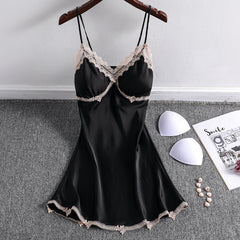 Summer new sexy ice silk suspenders nightdress with chest pad pajamas ladies silk home clothes Korean version girlfriends