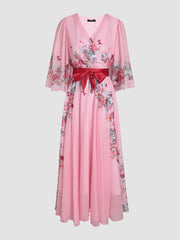 Pink Printed Chiffon Bow Tie Dress