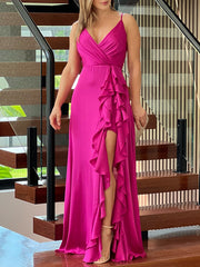 ملابس نسائية أوروبية وأمريكية صيفية منتجات جديدة حمالات رقبة على شكل حرف v عالية الخصر مكشكشة فستان بشق غير منتظم