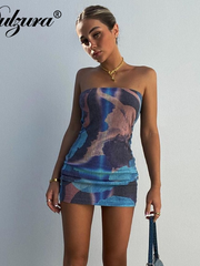 Tie Dye Print Women Tube Mini Dress Bodycon Sexy Streetwear Party Elegant Club 2022 Summer Festival Clothes Y2K