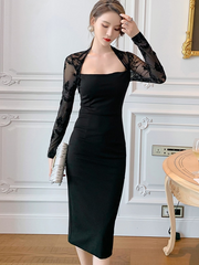 Fashion Korean Women OL Vintage Square Collar Long Sleeve Midi Party Dress Elegant Coffee Break Lace Bodycon Skinny Female Dress