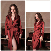 Autumn and winter new European and American pajamas women's deep v simulation silk nightgown bathrobe home service