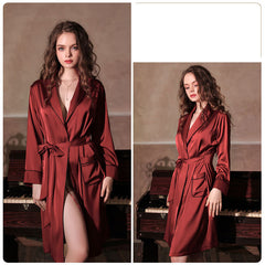 Autumn and winter new European and American pajamas women's deep v simulation silk nightgown bathrobe home service