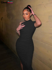 Weird Puss Solid Irregular Dress Sleeveless Summer Chic Trend Sexy Elegant Patchwork Skinny Elastic Peach Hip Bodycon Streetwear