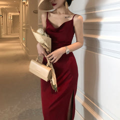 Women's Elegant Bodycon Dress Party Evening Dress Red Wedding Silk Midi Dress Spaghetti Strap Long Satin Dress Black