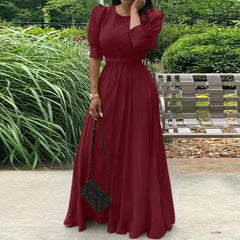 ZANZEA ladies European and American style temperament solid color round neck bubble half-sleeved street fashion trend elegant long skirt waist is thin spring and summer leisure bohemian resort style long dress S-5XL