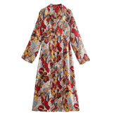 فساتين متوسطة الطول بطبعة زهور على طراز بوهو وياقة مقلوبة وأكمام طويلة فساتين نسائية غير رسمية فضفاضة على شكل حرف A فساتين فيستيدوس