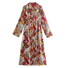 فساتين متوسطة الطول بطبعة زهور على طراز بوهو وياقة مقلوبة وأكمام طويلة فساتين نسائية غير رسمية فضفاضة على شكل حرف A فساتين فيستيدوس