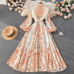 New retro elegant print lantern sleeve stand collar single breasted high waist dress