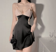 QWEEK Sexy Exotic Night Dress Women Silk Sleepwear Lace Patchwork Nightgown Summer 2021 Nightwear Dressing Gown Ladies