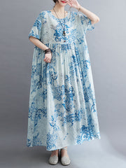 Mori girl pastoral style summer new literary large size women's clothing light and comfortable cotton and linen printed short-sleeved dress female