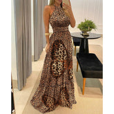 Women's Leopard Dress Cover Up Summer Boho Long Sleeves Round Neck Tassel Backless Long Sleeves Ethnic Resort Style Beach Dress