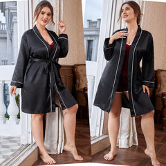 Oversized bathroom bathrobe casual silk pajamas women's home service simple cardigan tie-up nightgown