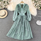 Light luxury V-neck lantern long-sleeved waist net gauze big a-line dress elegant temperament long skirt