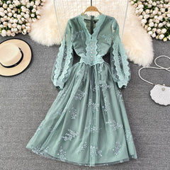 Light luxury V-neck lantern long-sleeved waist net gauze big a-line dress elegant temperament long skirt