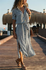 Turn Down Collar Office Ladies Stripe Shirt Dress Long Boho Beach Dress Casual Long Sleeve Elegant Party Dress