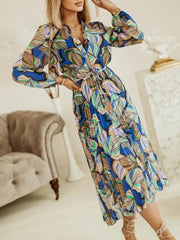 مثير الخامس الرقبة بوهو فانوس كم طويل فستان الشاطئ أنيقة مطبوعة الشيفون خمر المرأة أزياء من الدانتل حتى مطوي فستان الحفلات