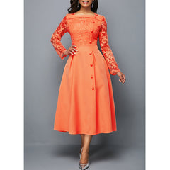 Plus Size Dress Fashion Round Neck Lace Women's Dress High Waist Long Sleeves Printed Mid Length Dress