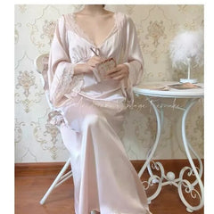 QWEEK Satin Nightgown Elegant Dresses Women Autumn Sleepwear Lace Nightwear Long Sleeve Vintage Nightie Sexy Gown Vestidos