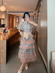 Splicing Flower Mesh Embroidery Cake Dress Long Skirt