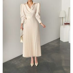 Elegant fashion women's puff sleeve pleated long skirt lapel spring and autumn office Ladeis dress black