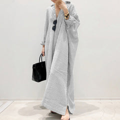 Summer new dress fashion cotton and linen striped cardigan loose large size casual temperament commuting irregular female long dress top