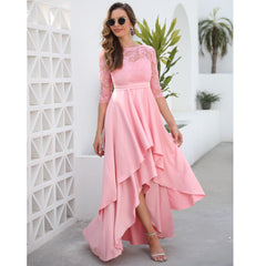 European and American new women's round neck mid-sleeve dress slim mid-length skirt solid color