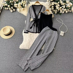Women's end small fragrance suit early spring and autumn lace-up cardigan waisted wide-leg pants three-piece set