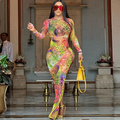 2023 النمط الأوروبي والأمريكي مثير الجولة الرقبة نحيل الجوف فستان طويل Pteris طباعة كم طويل الورك تنّورة مجسّمة الشارع العصرية فستان المرأة