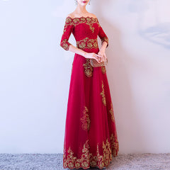 Ladies Off Shoulder Long Sleeves Embroidered Lace Appliquéd Festival Party Evening Dress