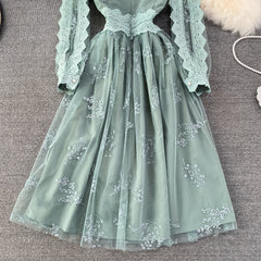 Light luxury V-neck lantern long-sleeved waist net gauze big a-line dress elegant temperament long skirt